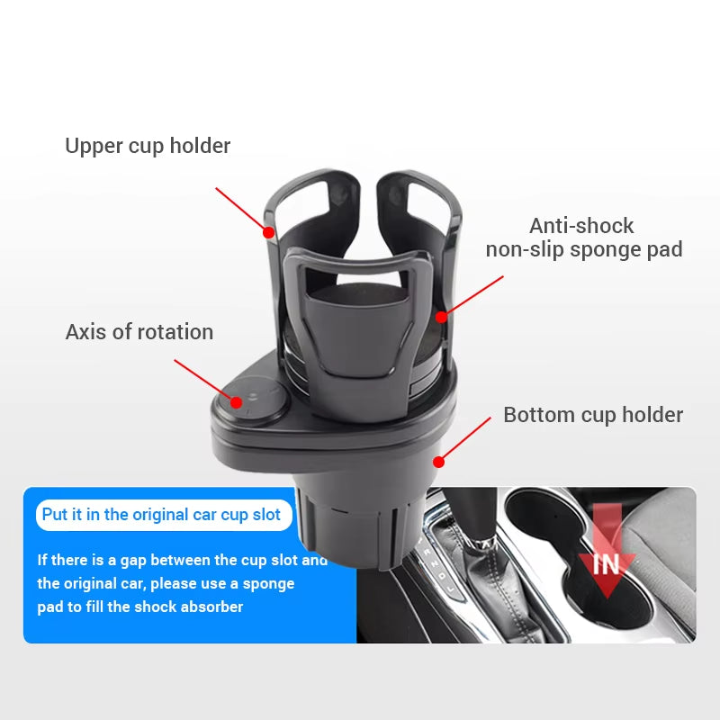 2 in 1 Car Cup Holder Expander 360 Degree Adjustable Base Drink Holder Anti-Shake Stable Auto Bottle Holder Organizer